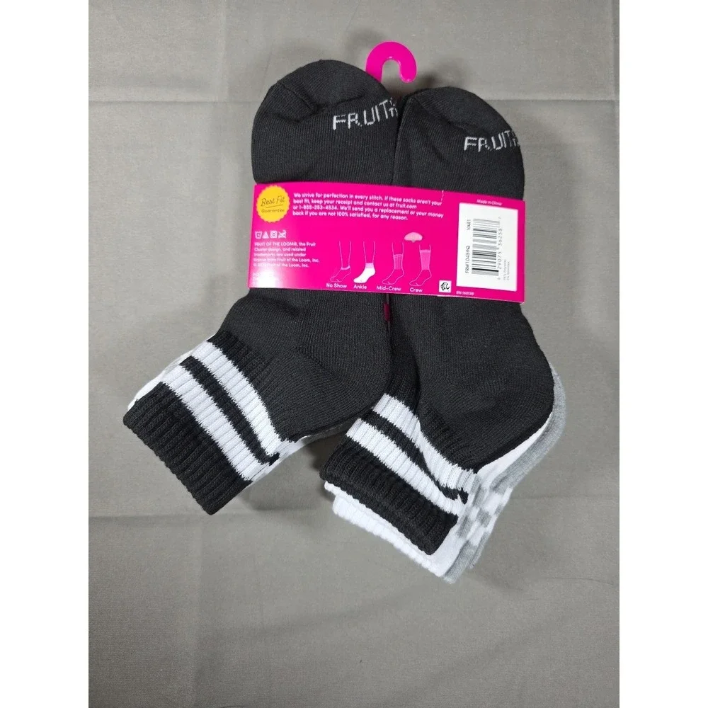 Women's Striped 6 Pair Ankle Socks - Fruit of The Loom - Gray Black White 4 - 10